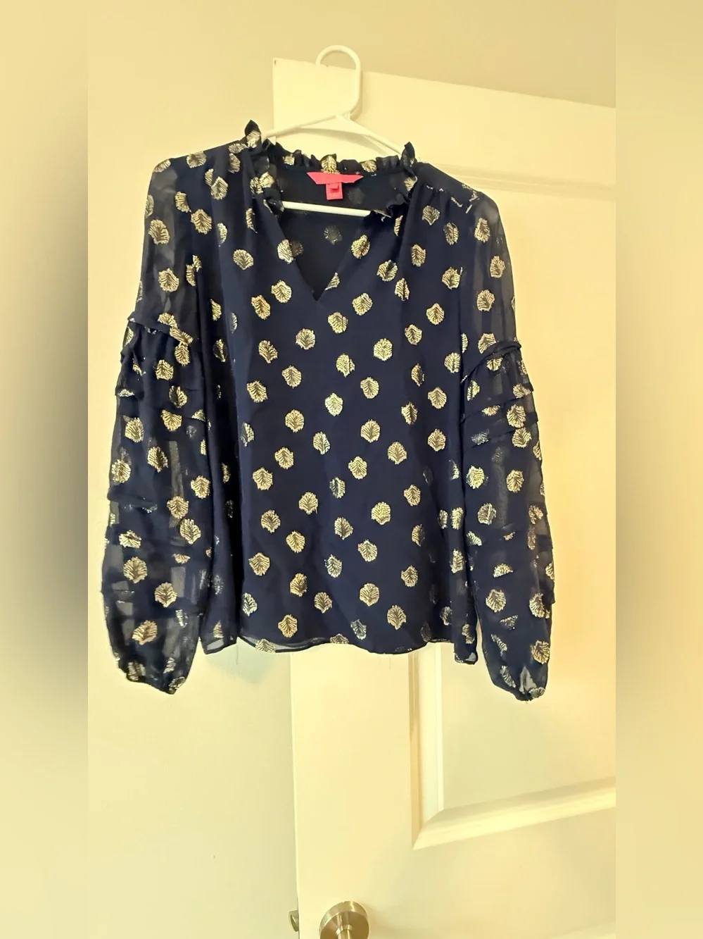 Lilly Pulitzer Navy Blouse with Gold Foil Motif